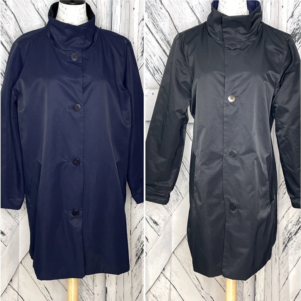 Eileen Fisher Coat Reversible Cotton Nylon Button Front Black/Navy M